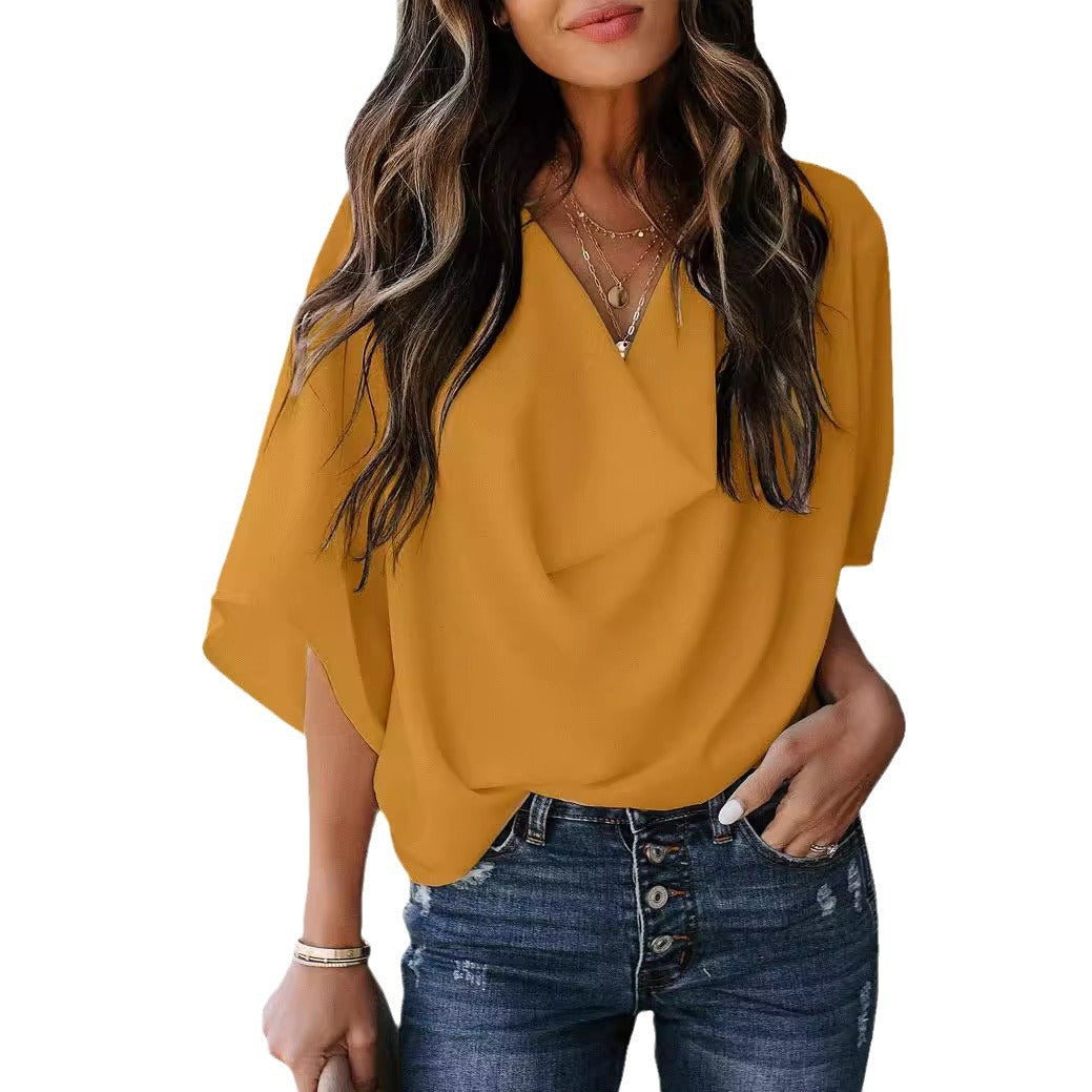 Damen elegante Bluse mit drapiertem V-Ausschnitt und weit geschnittenen Ärmeln Stalluxe