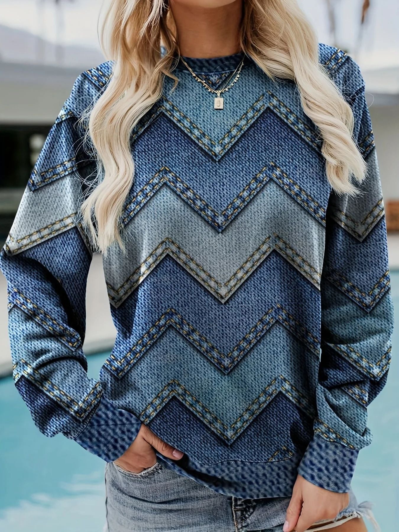 Damen Sweatshirt mit markantem Denim-Zickzack-Muster Stalluxe