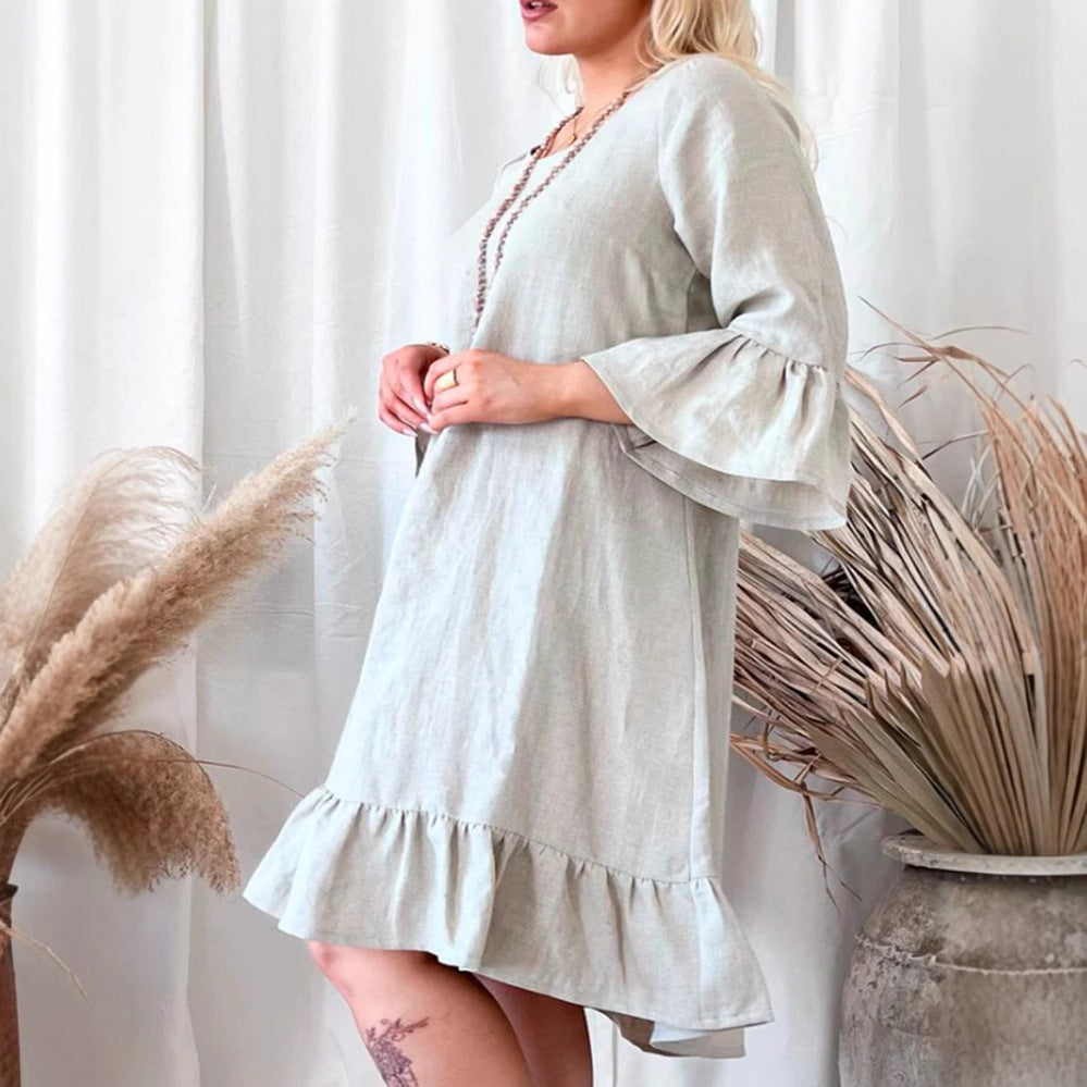 Damen Leichtes Leinenkleid mit Rüschendetails und weitem Schnitt Stalluxe
