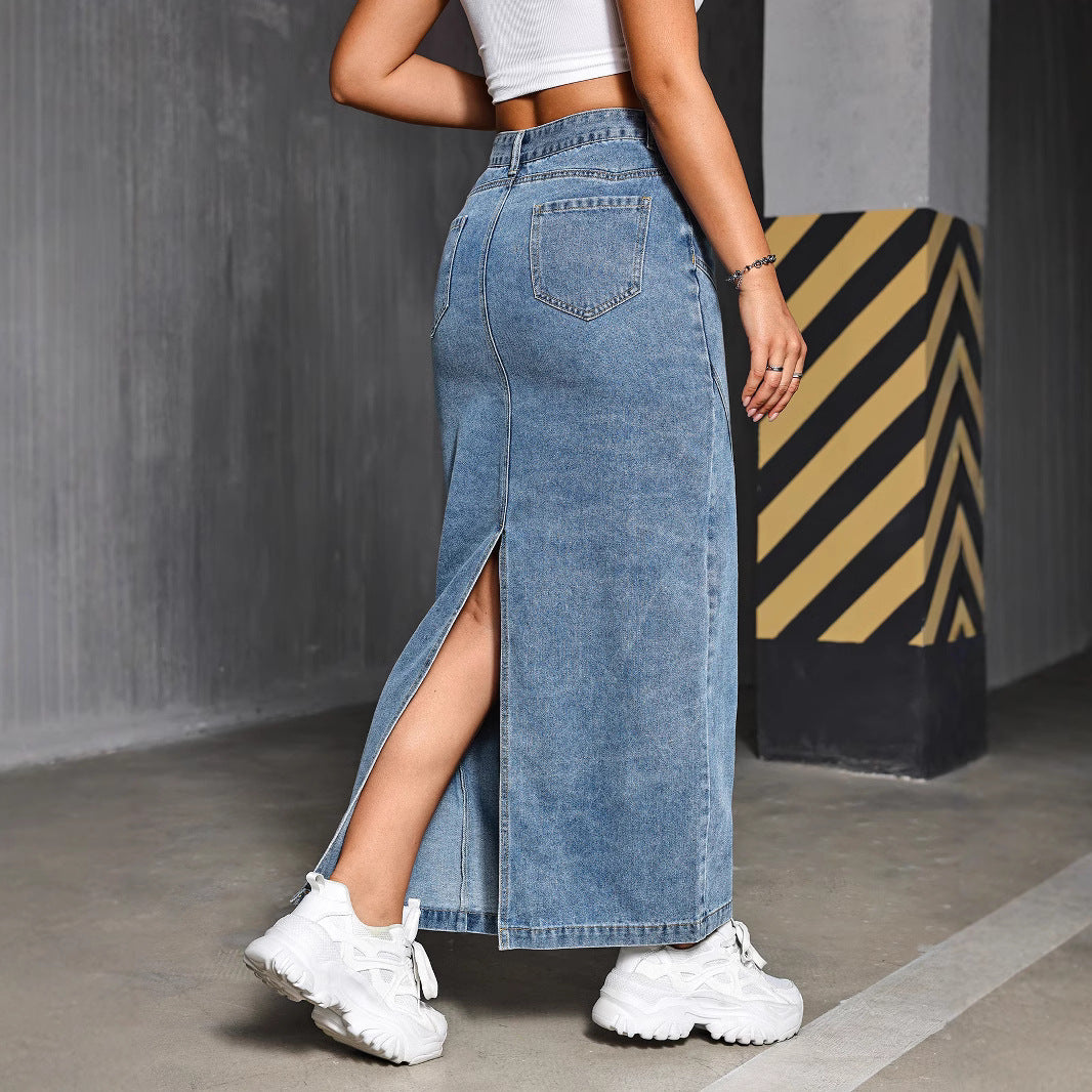 Damen Maxirock aus Denim mit figurschmeichelndem Schnitt und praktischen Taschen Stalluxe
