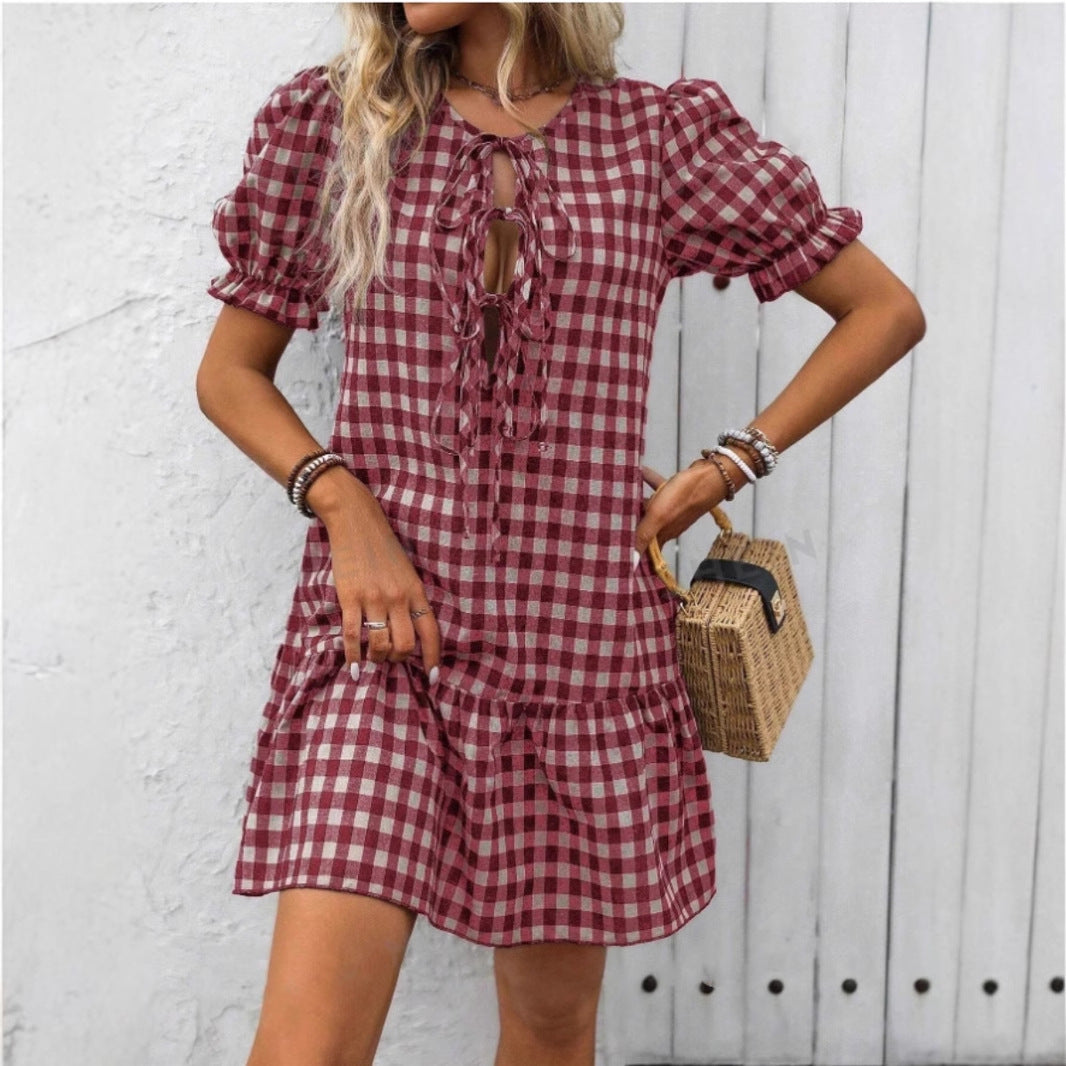 Damen A-linien Kleid mit verspieltem Karo-Design und dekorativem Schnürdetail Stalluxe