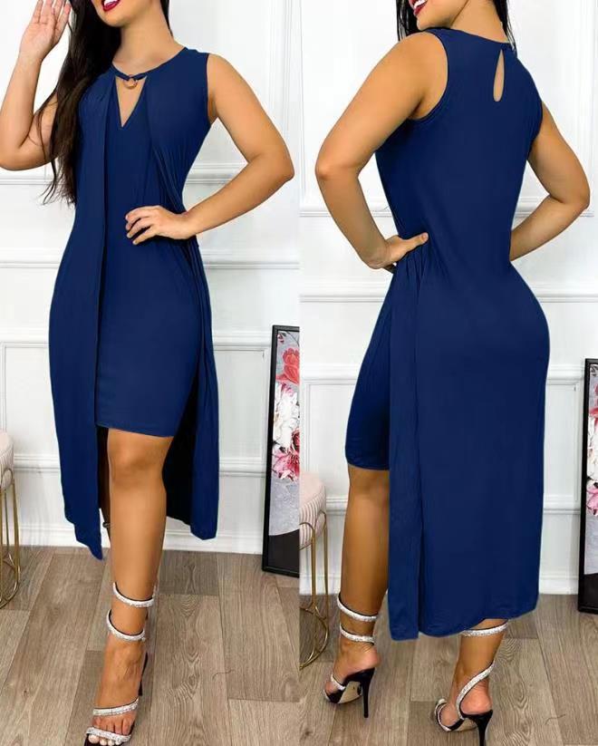 Damen ärmelloses Maxikleid mit tiefem V-Ausschnitt und seitlichem Schlitz Stalluxe