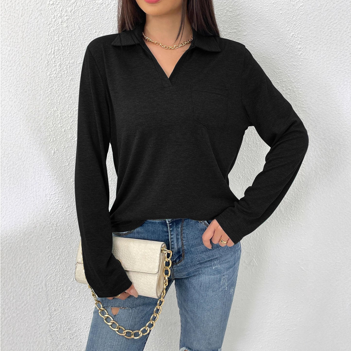 Damen Langarmbluse mit modernem Kragen und Brusttasche Stalluxe