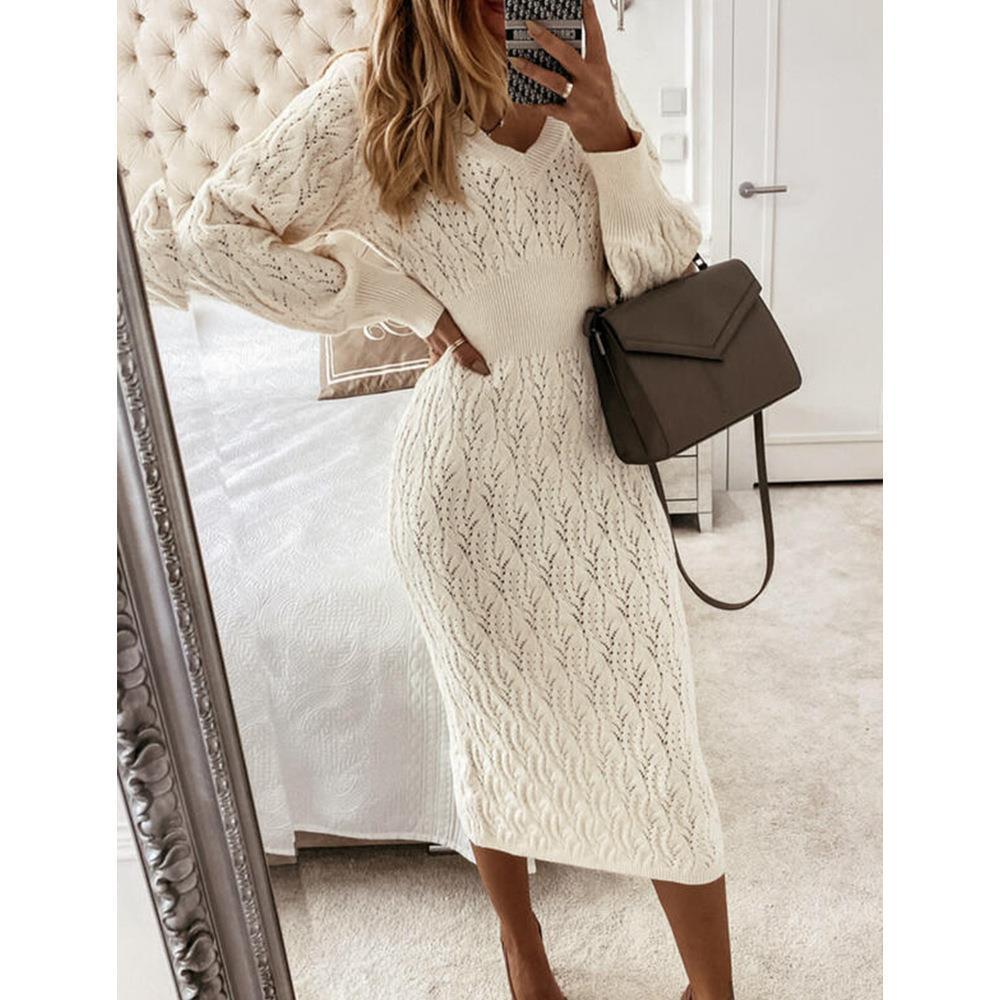 Damen Strickkleid mit halbtransparentem Muster und schickem V-Ausschnitt Stalluxe