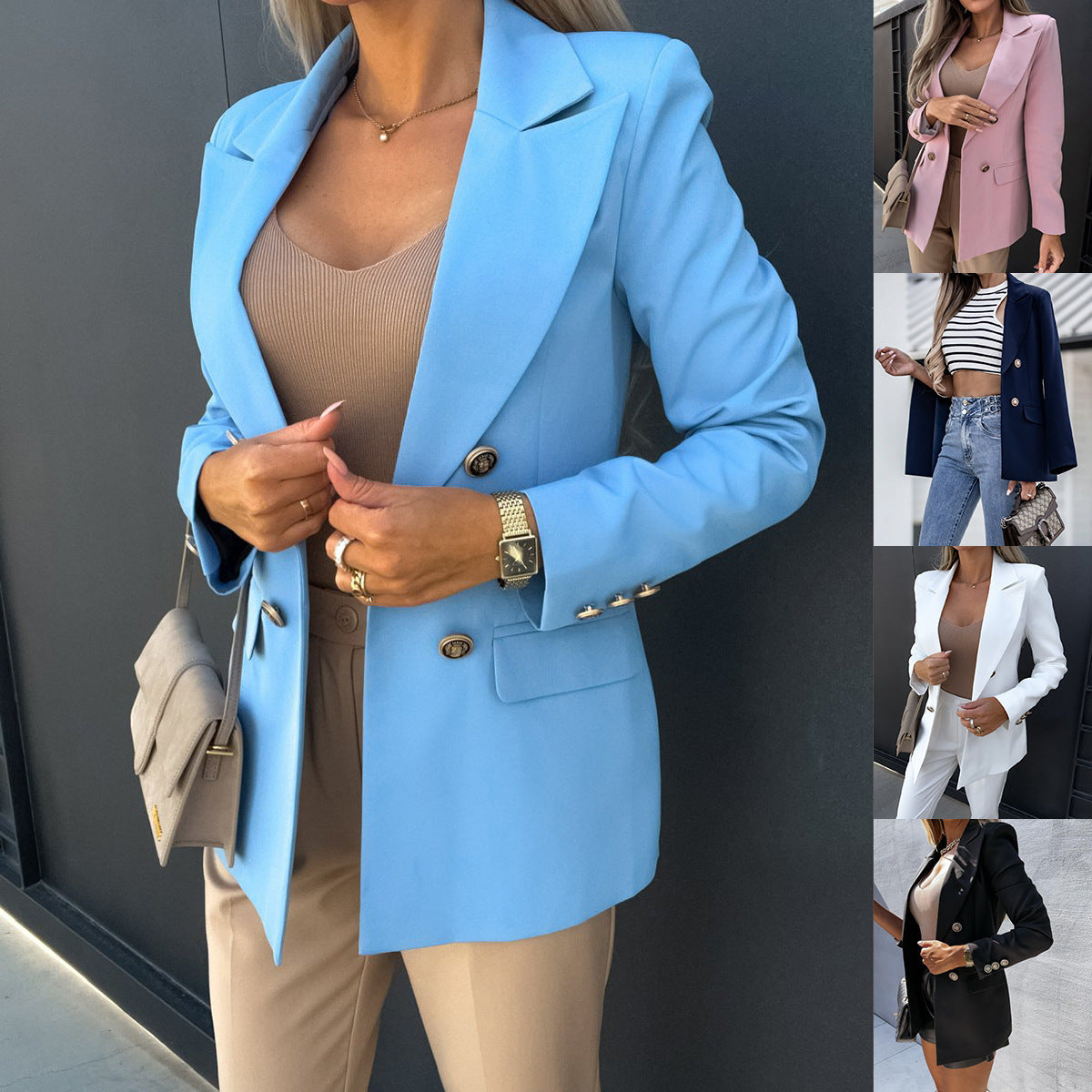 Damen elegante leichte Blazerjacke mit weiten Ärmeln und doppelter Knopfleiste Stalluxe