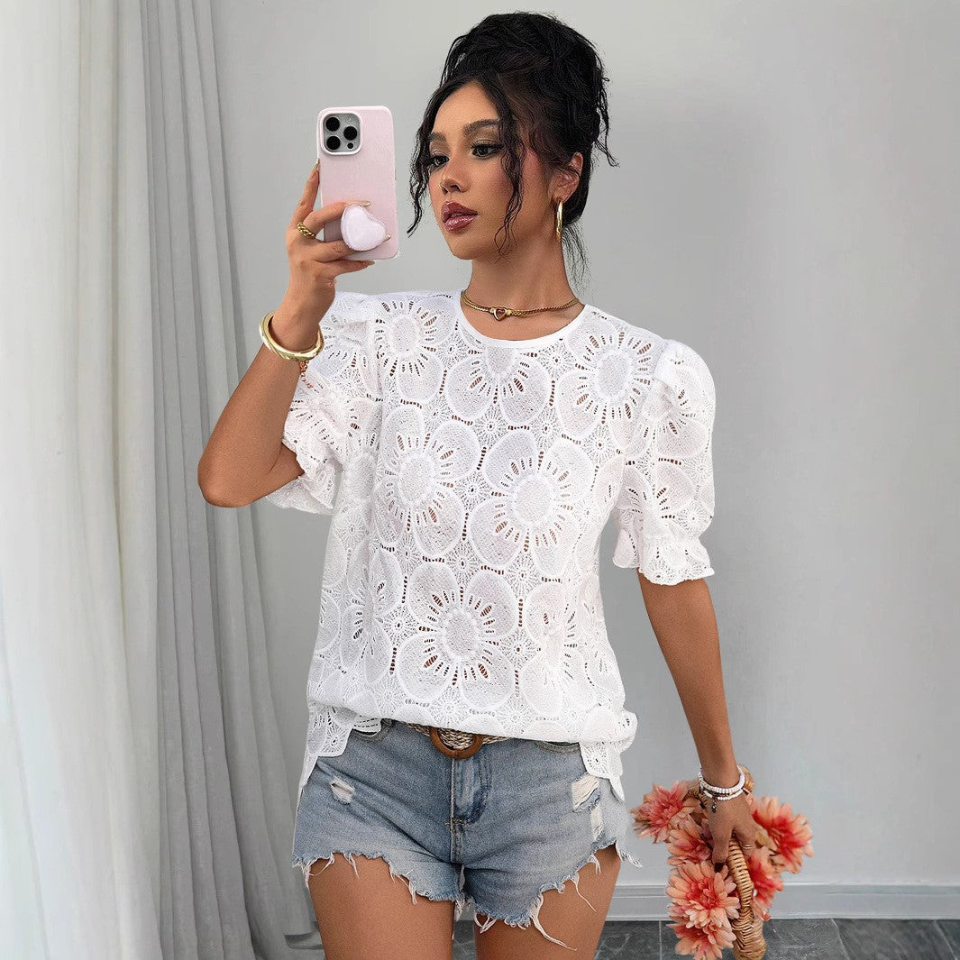 Damen Spitzenbluse mit Blumenspitze und elastischen Puffärmeln Stalluxe
