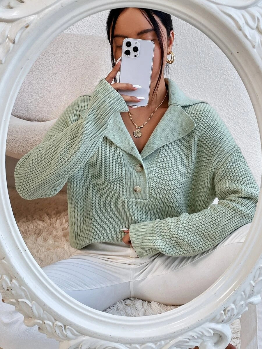Damen eleganter und lässiger Strickpullover mit Kragen und Knopfleiste Stalluxe