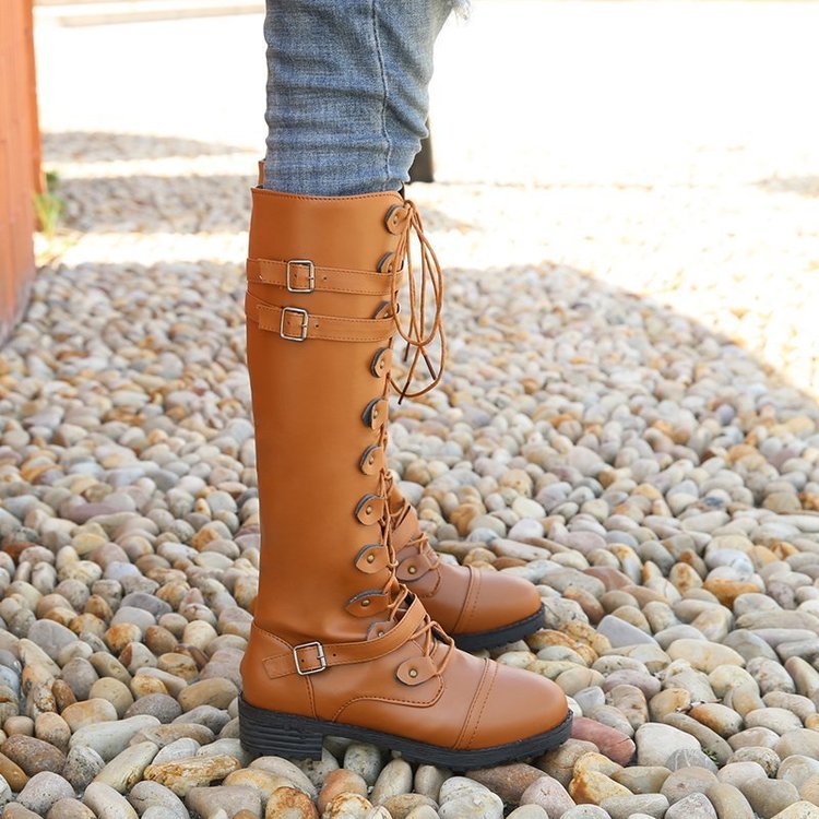 Damen Lange Schnürstiefel mit modischen Riemen Stalluxe