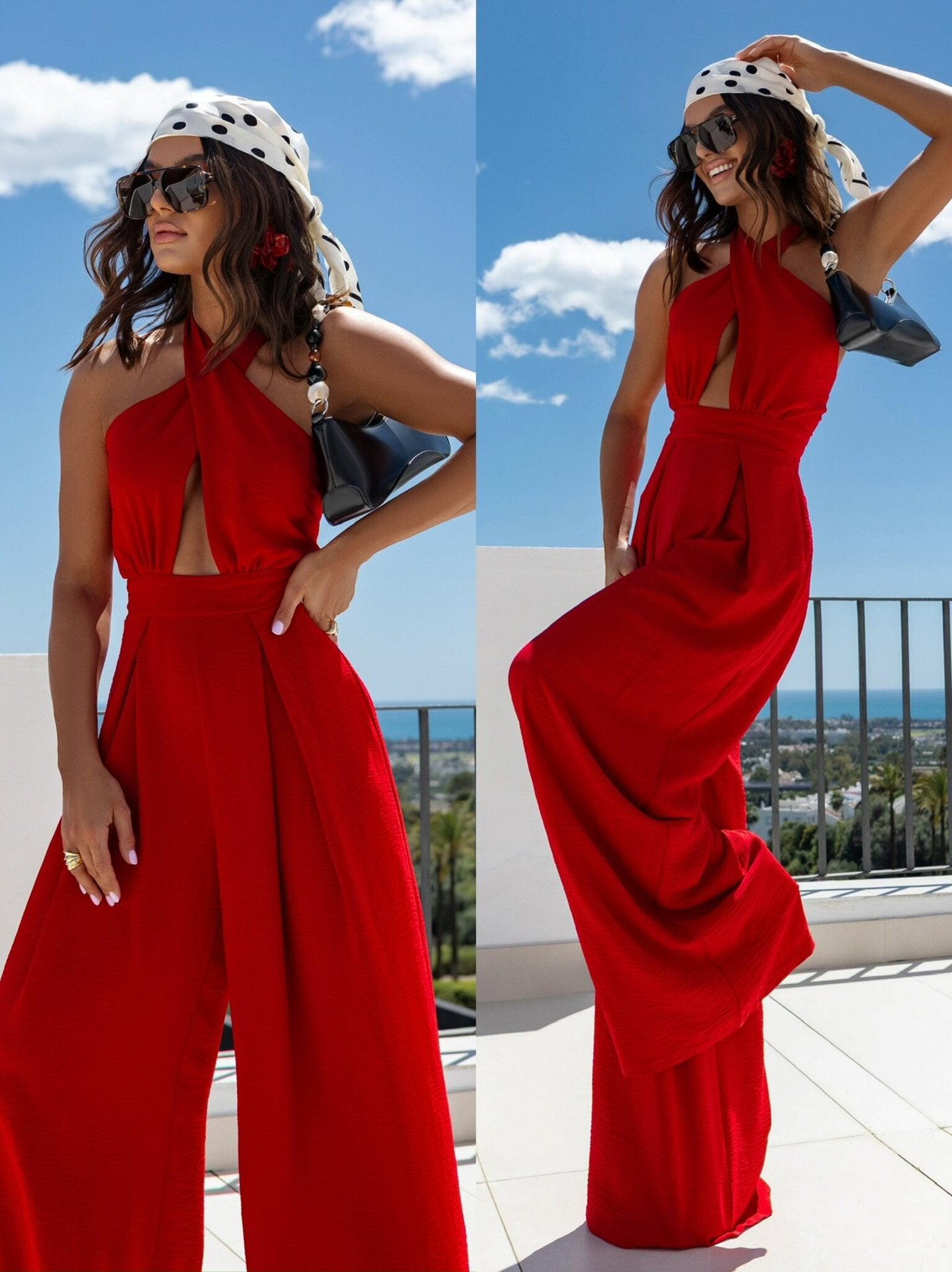Damen Elegant geschnittener Jumpsuit mit schulterfreiem Design und weiten Beinen Stalluxe