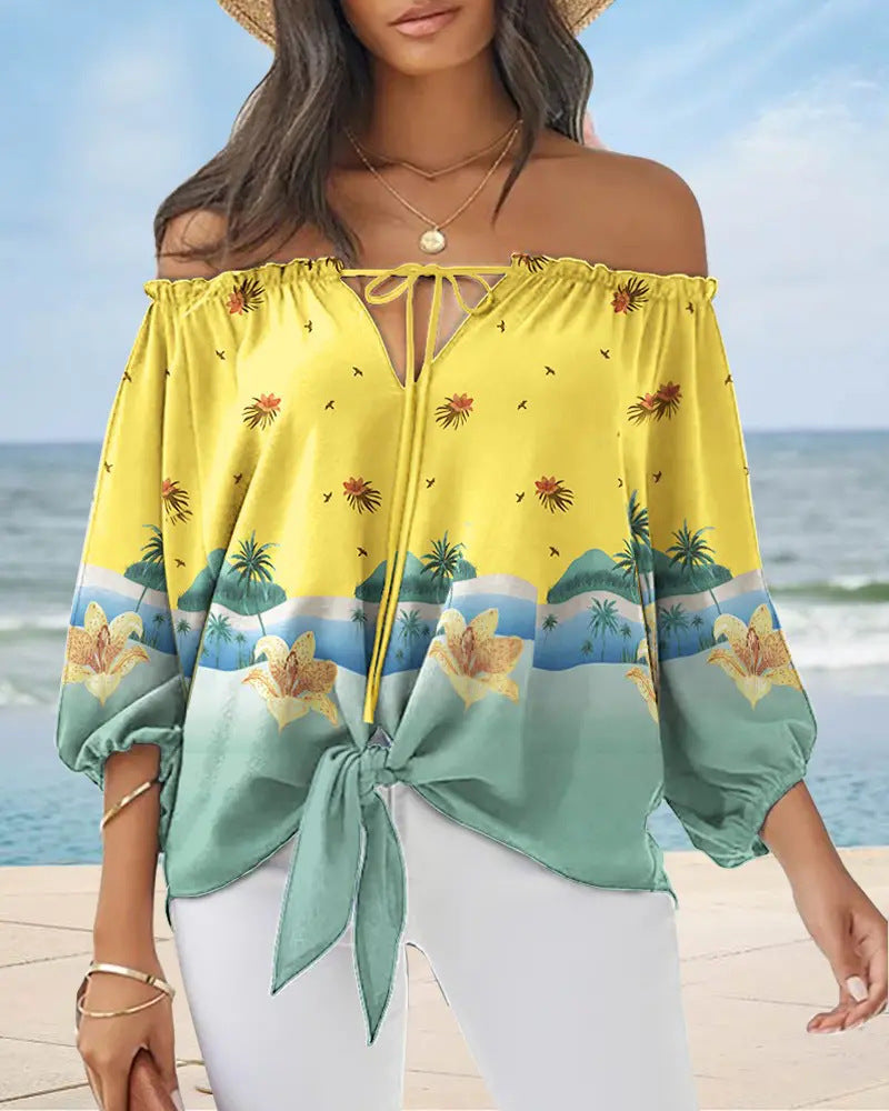 Damen Off-Shoulder Bluse mit floralem Design und Bindegürtel Stalluxe