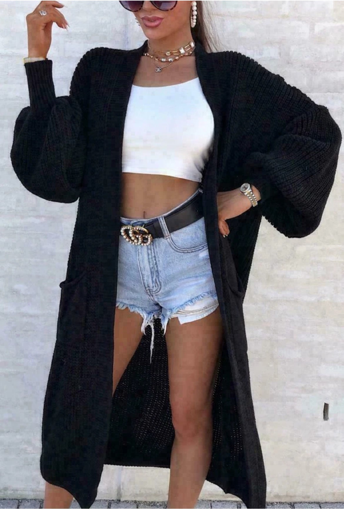 Damen Langer Strickcardigan mit weiten Ärmeln und praktischen Taschen Stalluxe