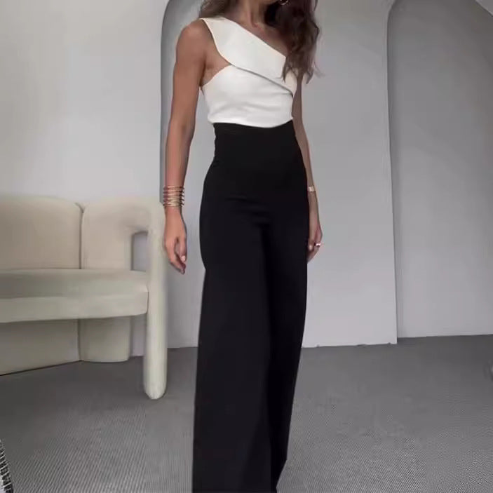 Damen Einseitiger Jumpsuit mit weitem Bein und dekorativem Ausschnitt Stalluxe