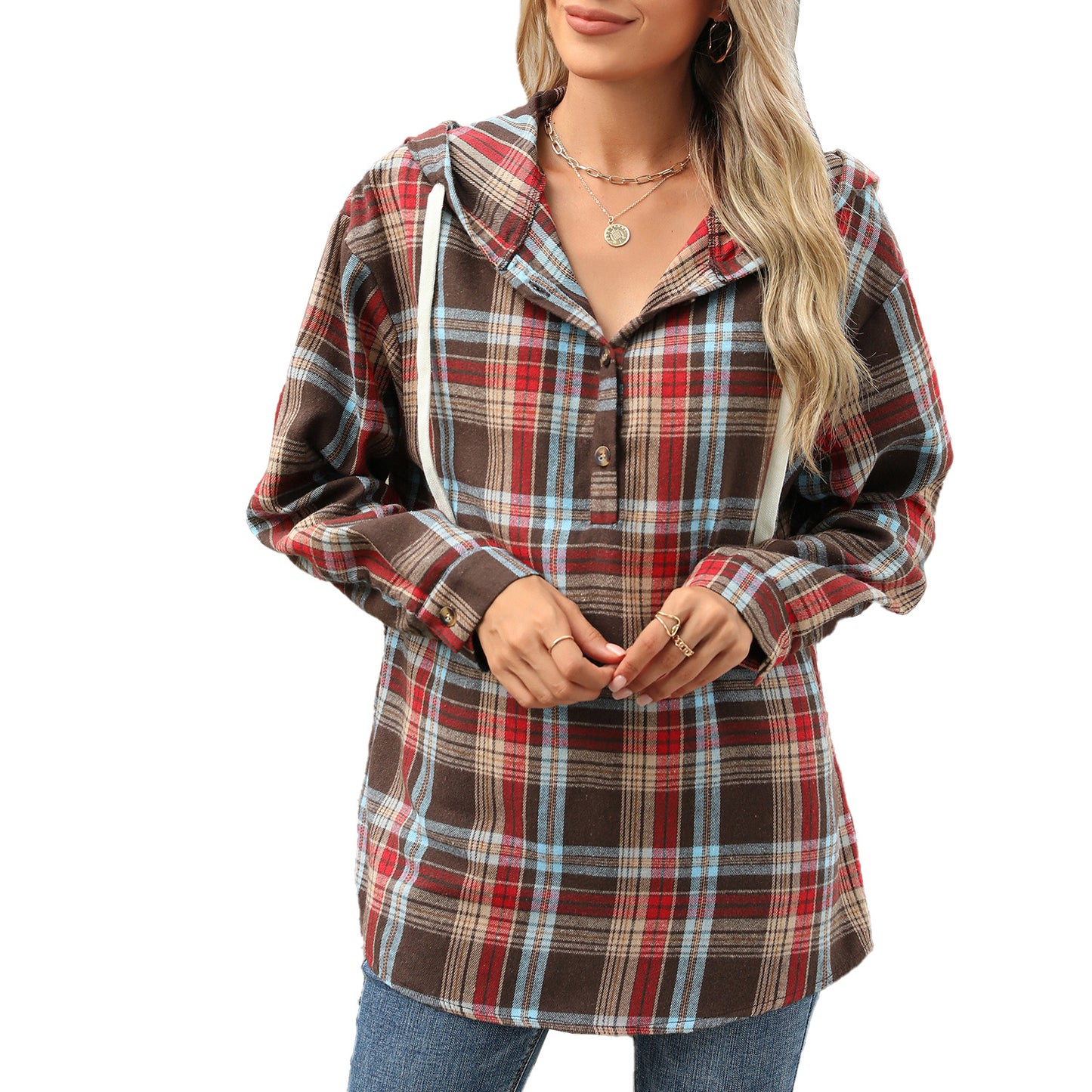 Damen Karierte Overshirtjacke mit Kapuze und Knopfdetails Stalluxe
