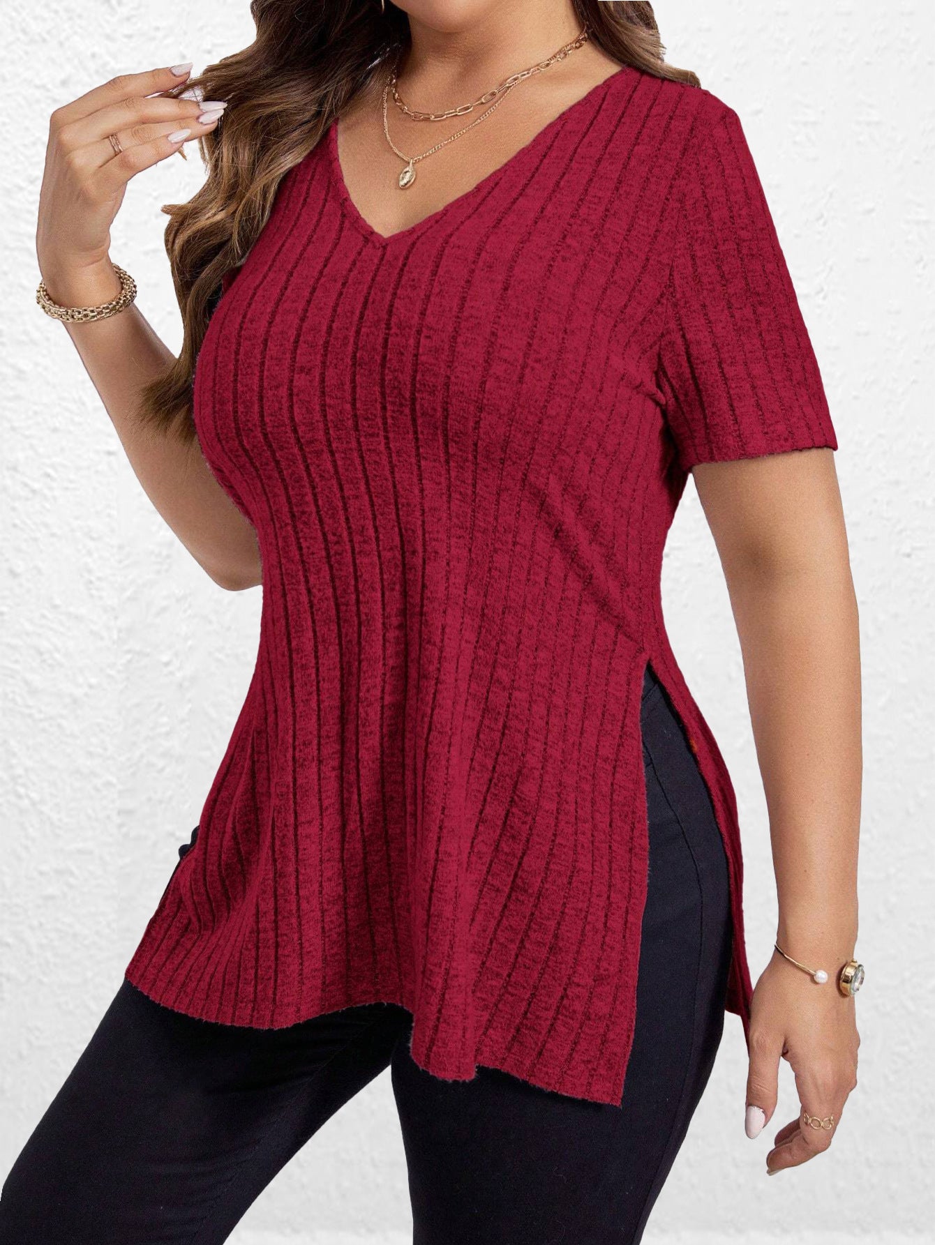 Women's Textured V-Neck Tunic Top Stalluxe
