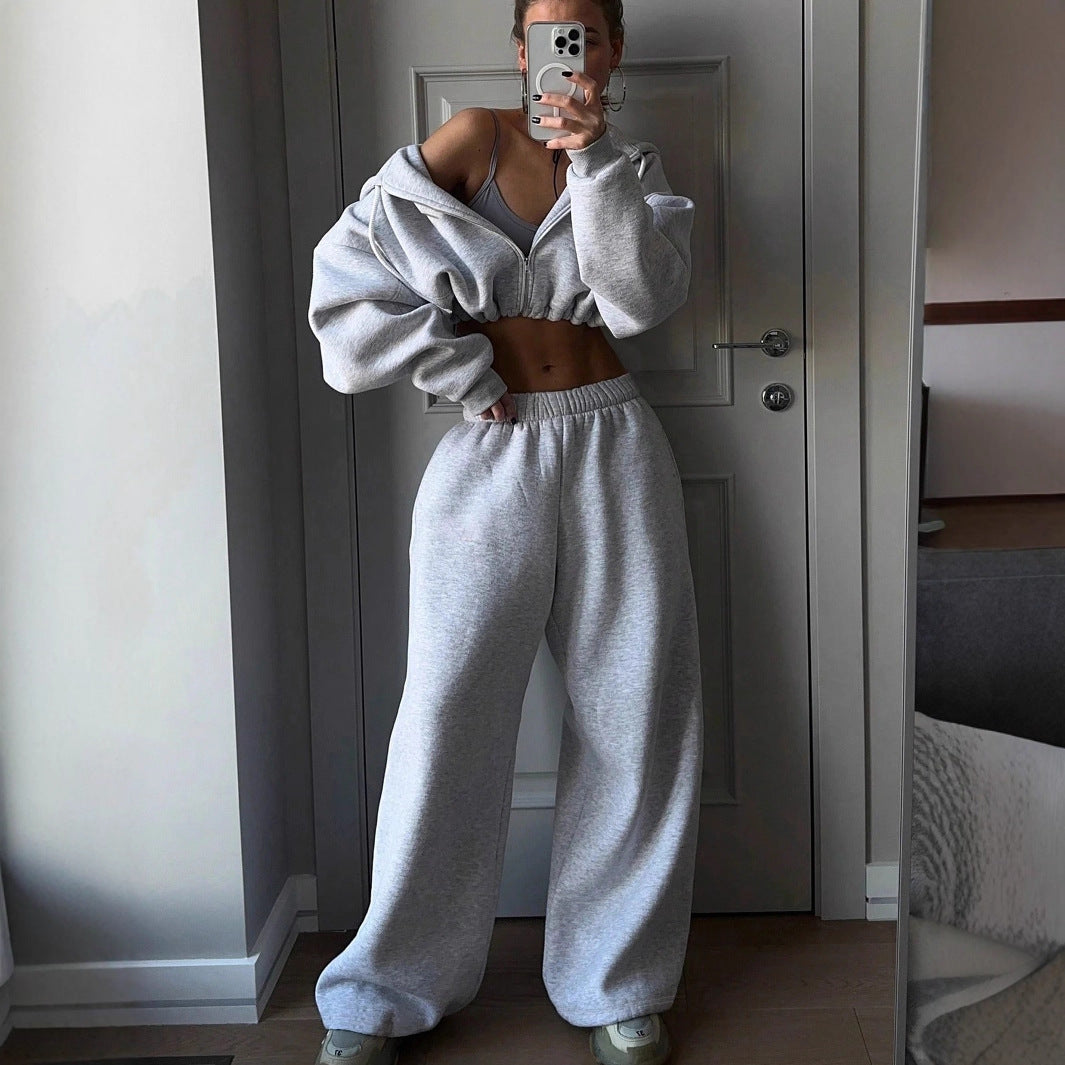 Damen lässiger cropped Kapuzenpullover und weite Jogginghose Set Stalluxe