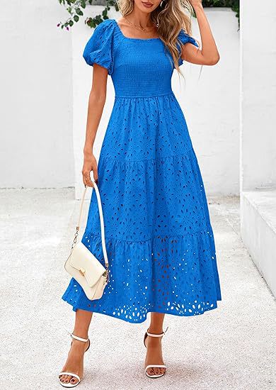 Damen Maxikleid mit dekorativem Lochmuster und Puffärmeln Stalluxe