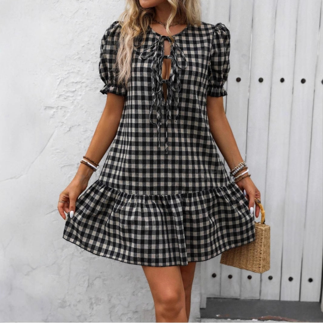 Damen A-linien Kleid mit verspieltem Karo-Design und dekorativem Schnürdetail Stalluxe