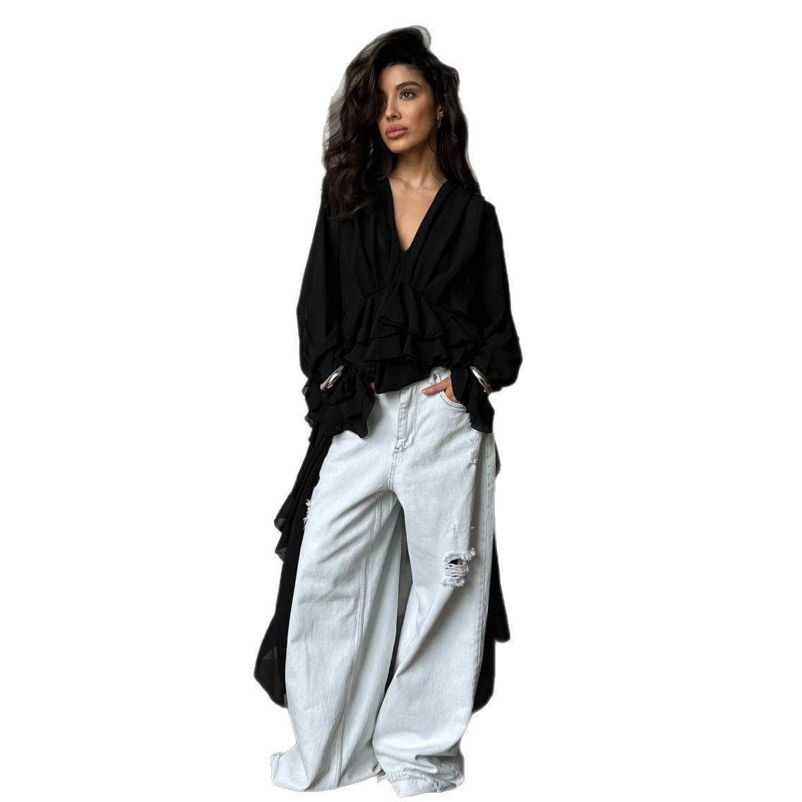 Damen Elegantes, fließendes Maxikleid mit weitem Schnitt und Rüschendetails Stalluxe