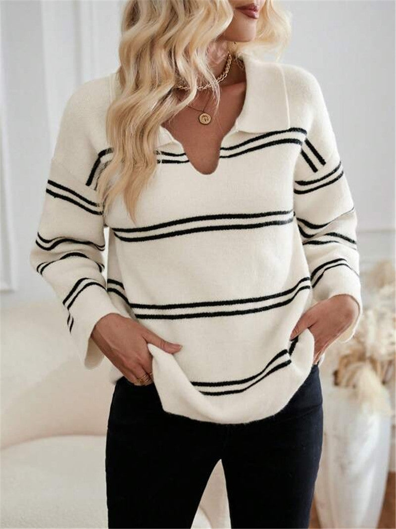 Damen lässiger Pullover mit Polo-Kragen und gestreiftem Design Stalluxe