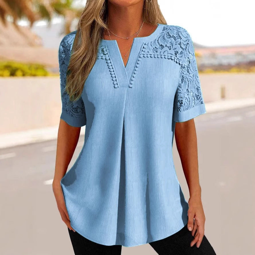 Damen modische Bluse mit Spitzenärmeln und elegantem V-Ausschnitt Stalluxe