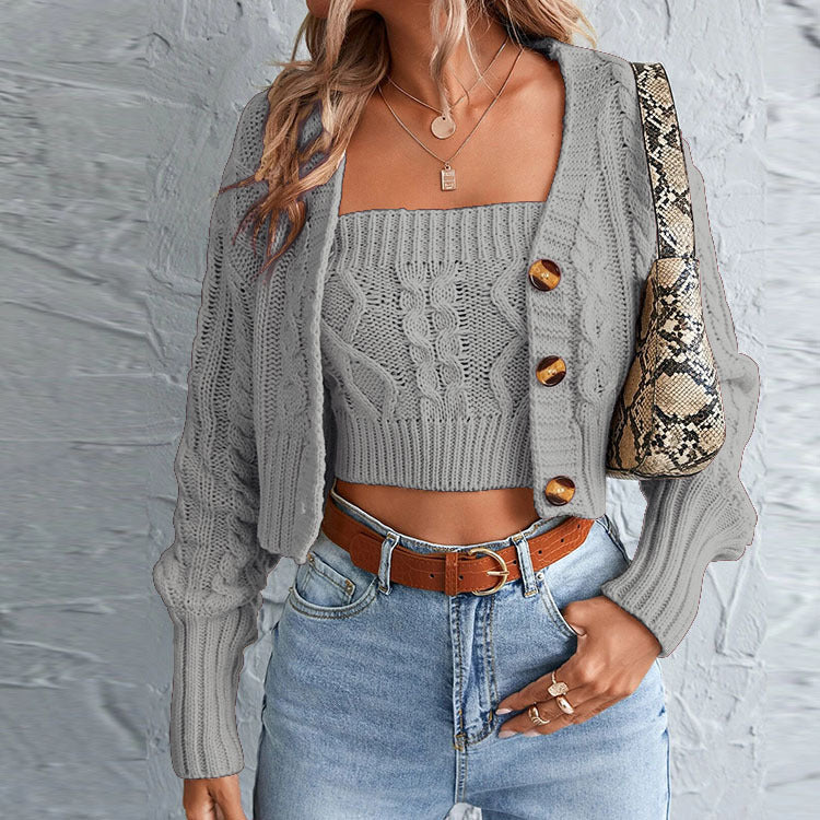Damen lässiges Strick-Set mit offener Jacke und Crop-Top Stalluxe