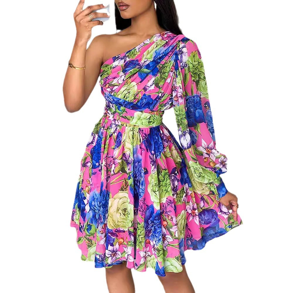 Damen Ein-Schulter Kleid mit voluminösen Ärmeln und floralem Design Stalluxe