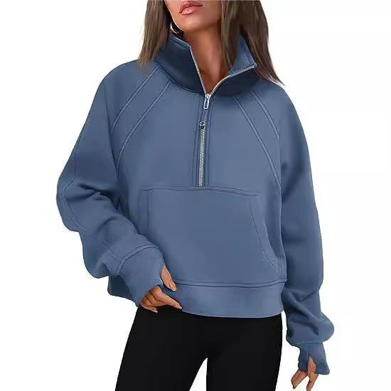 Damen sportlicher Pullover mit halbem Reißverschluss und Kängurutasche Stalluxe