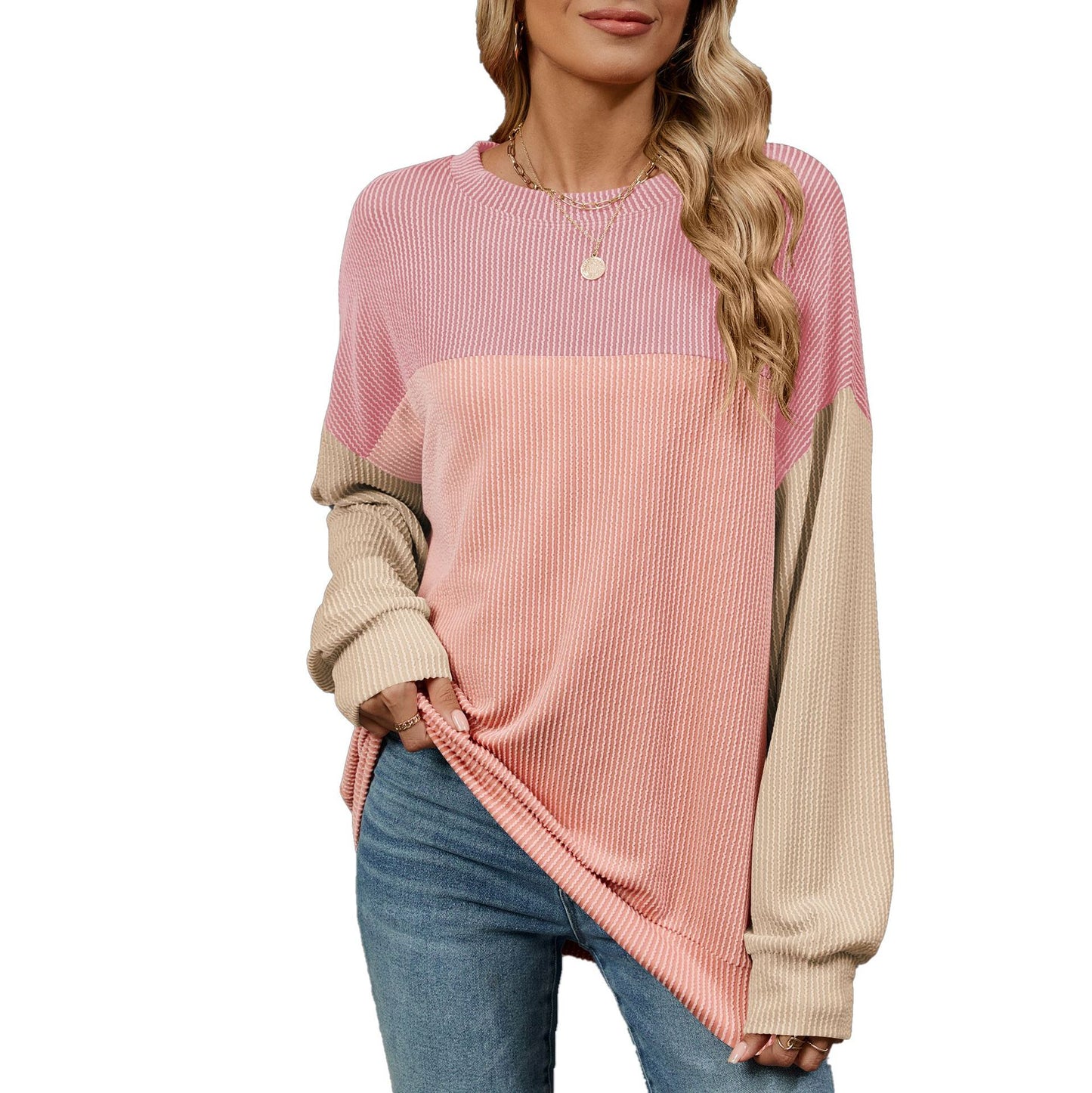 Damen Sweatshirt mit modischem Rippdesign und farblich abgesetzten Ärmeln Stalluxe