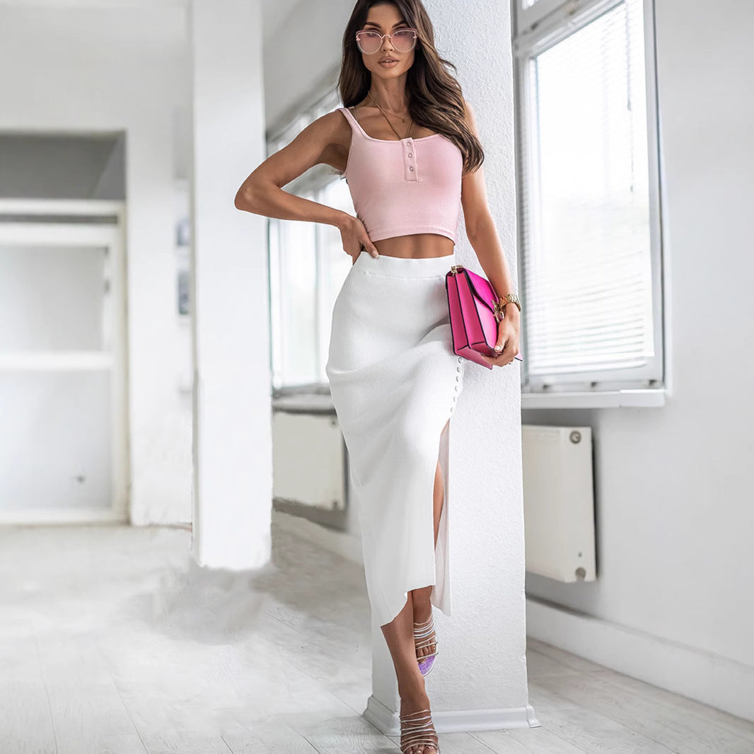 Damen Knielanger Strickrock mit seitlichem Schlitz und Knopfdetails Stalluxe