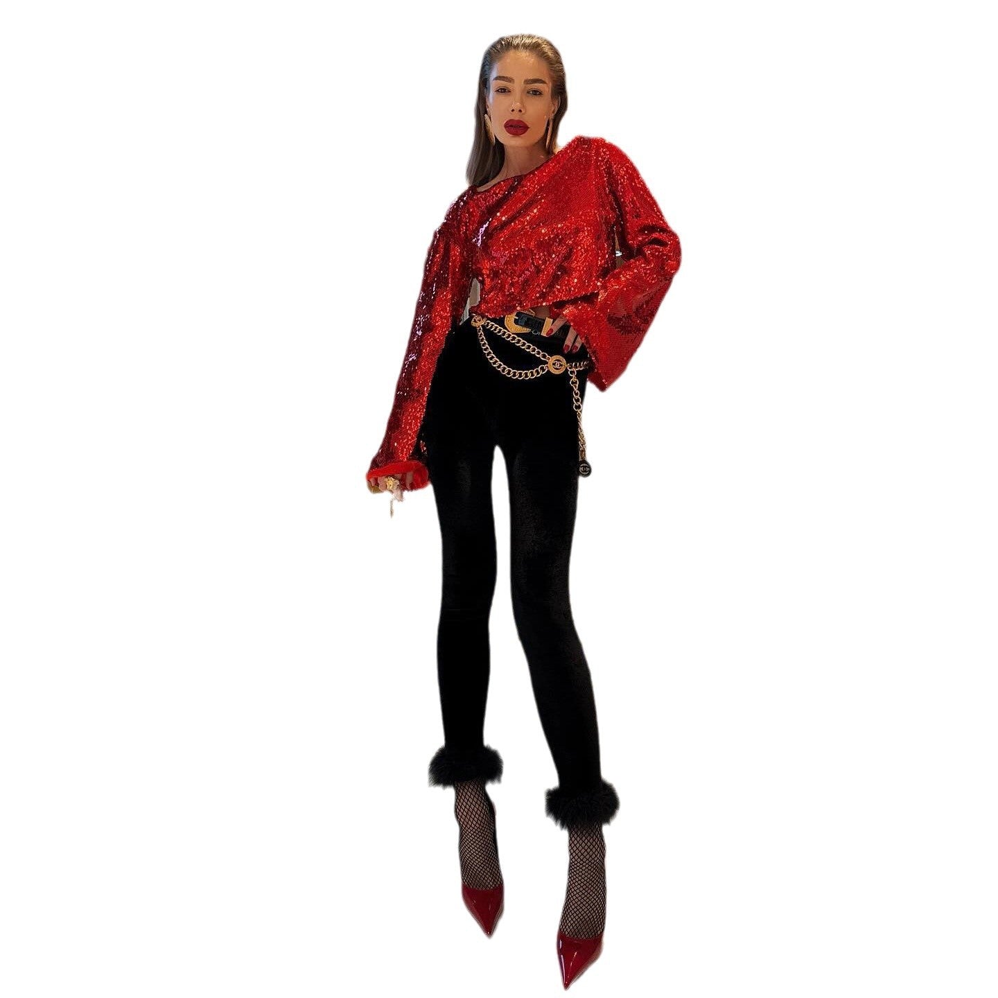 Damen Elegante Samtleggings mit auffälligen Kunstpelzdetails Stalluxe