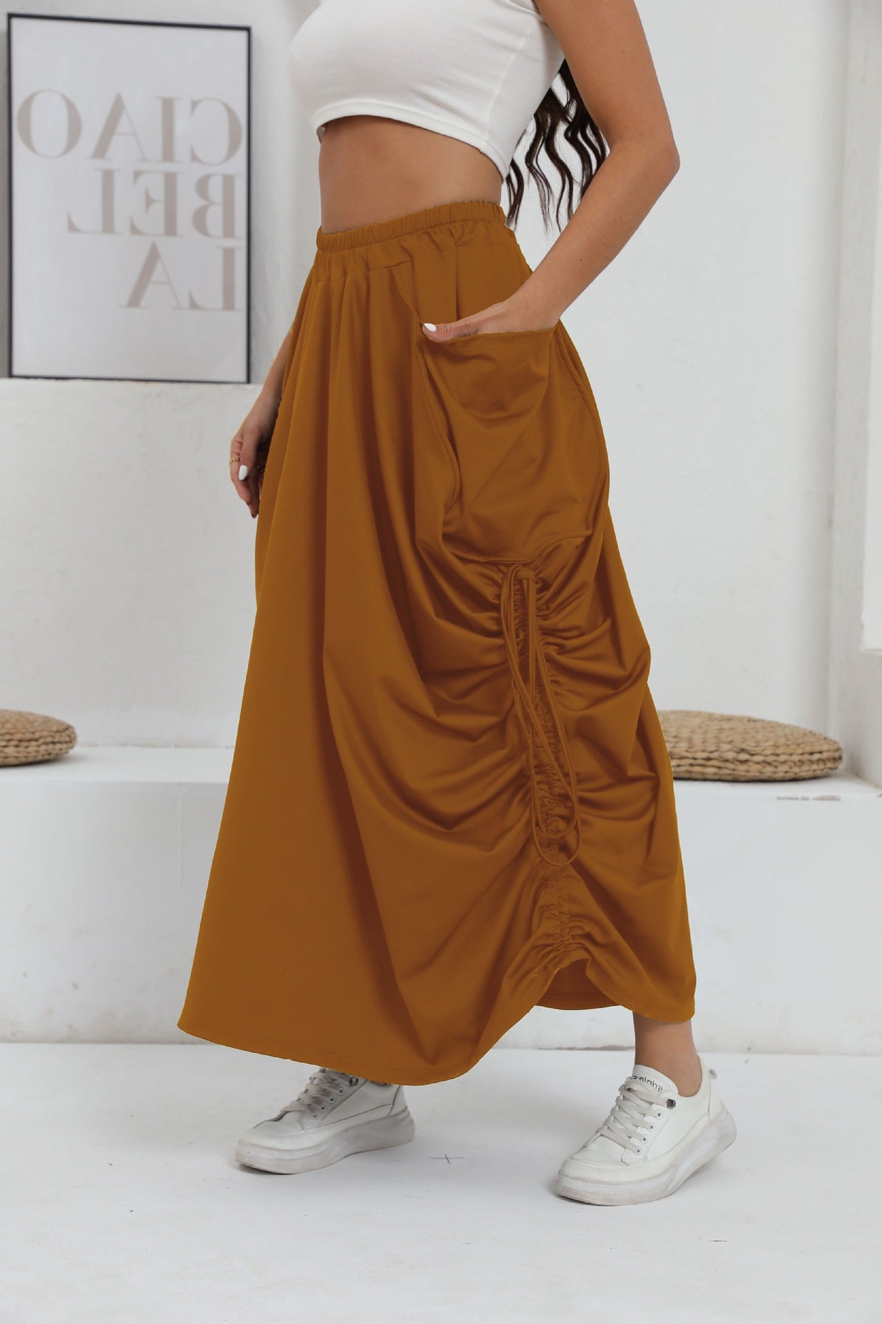 Damen lange Oversize-Rock mit Taschen und Raffung Stalluxe