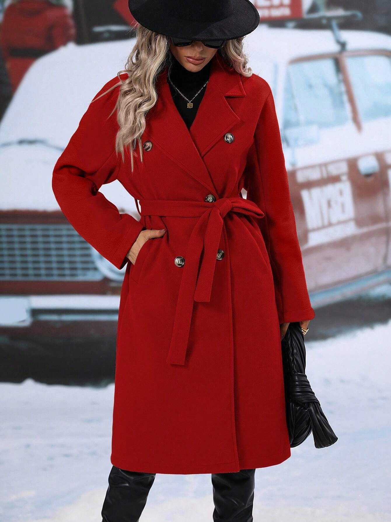 Damen Modischer Wollmantel mit Gürtel Stalluxe