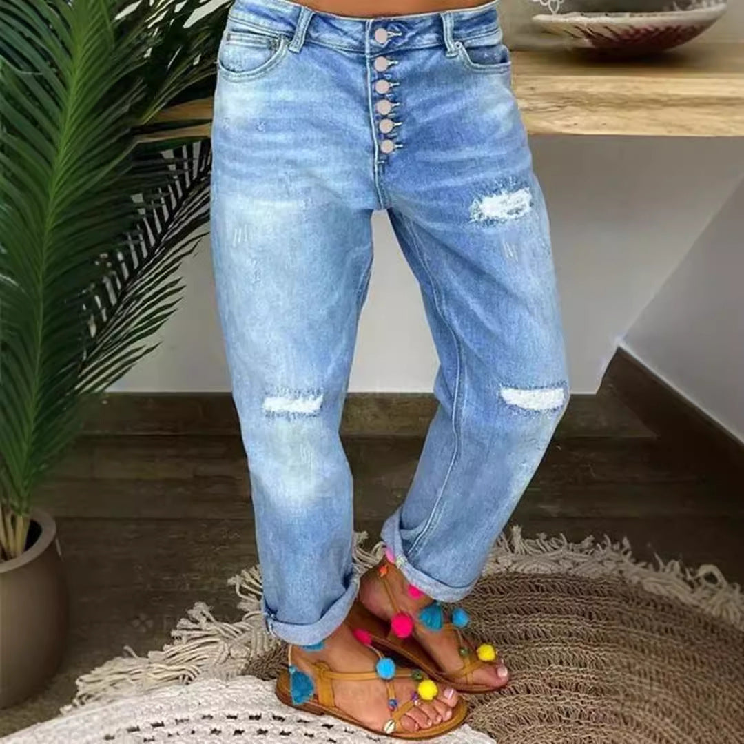 Damen Boyfriend Jeans mit Knopfverschluss und Distressed-Details Stalluxe