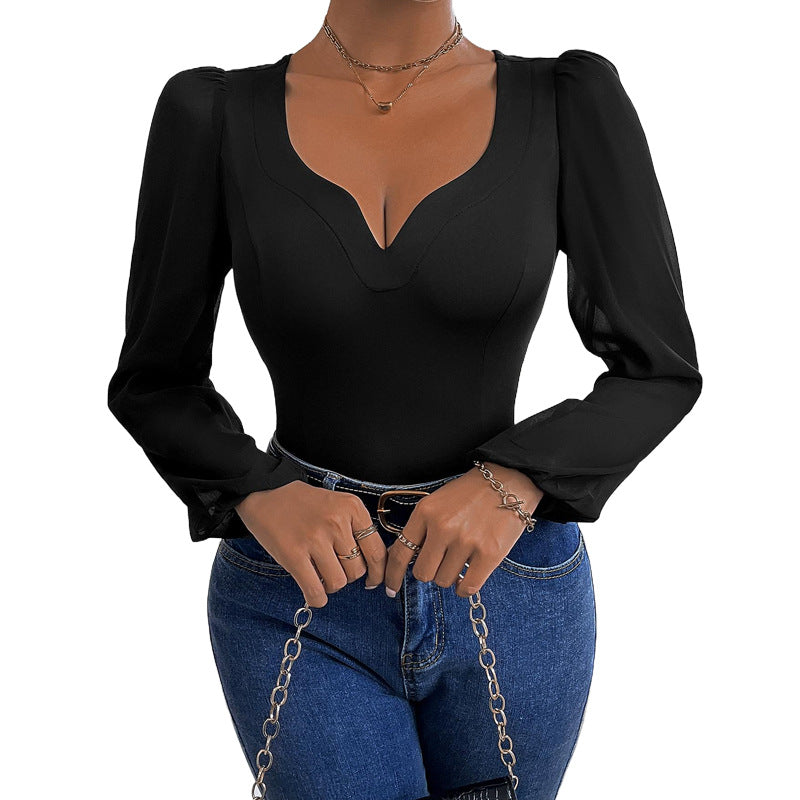 Damen Eleganter Body mit romantischen Puffärmeln und V-Ausschnitt Stalluxe