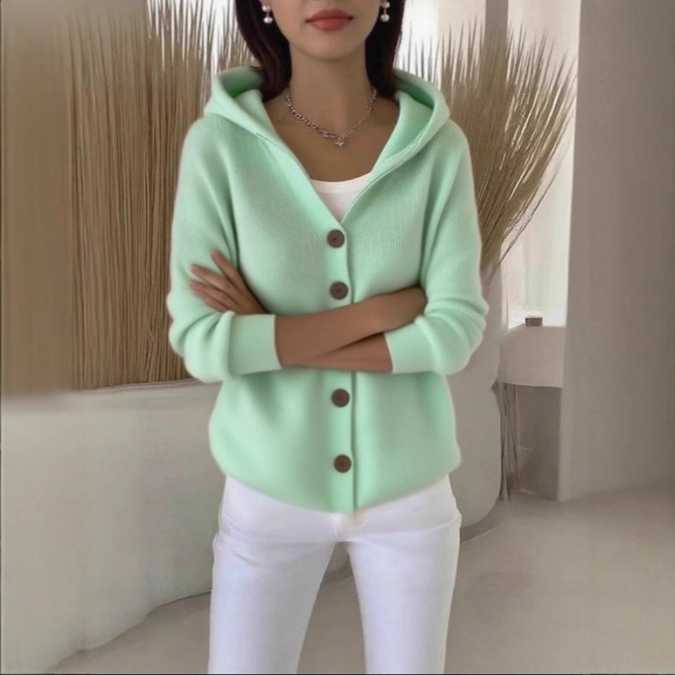 Damen lässige Strickjacke mit Kapuze und Knopfverschluss Stalluxe