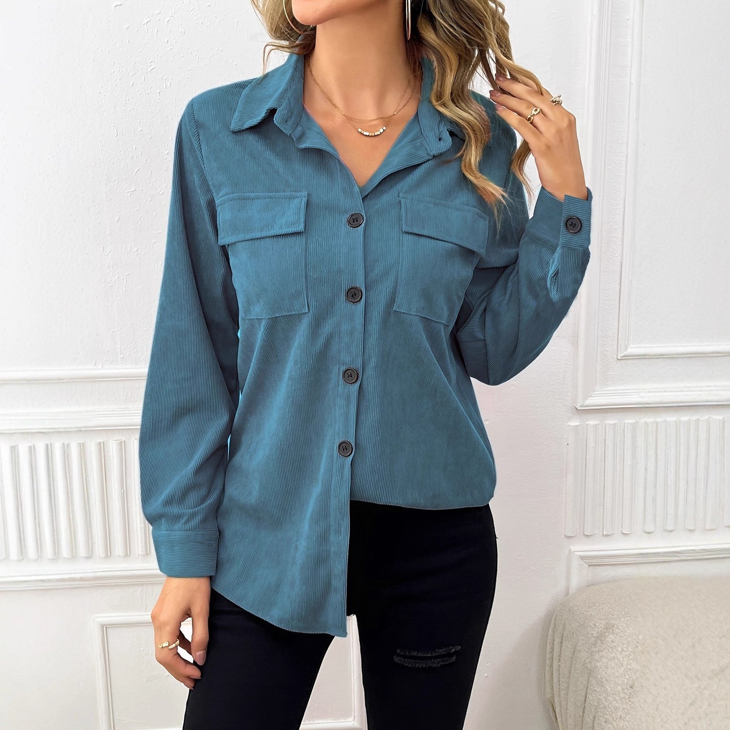 Damen lässige Cordjacke mit praktischen Taschen und Knopfverschluss Stalluxe