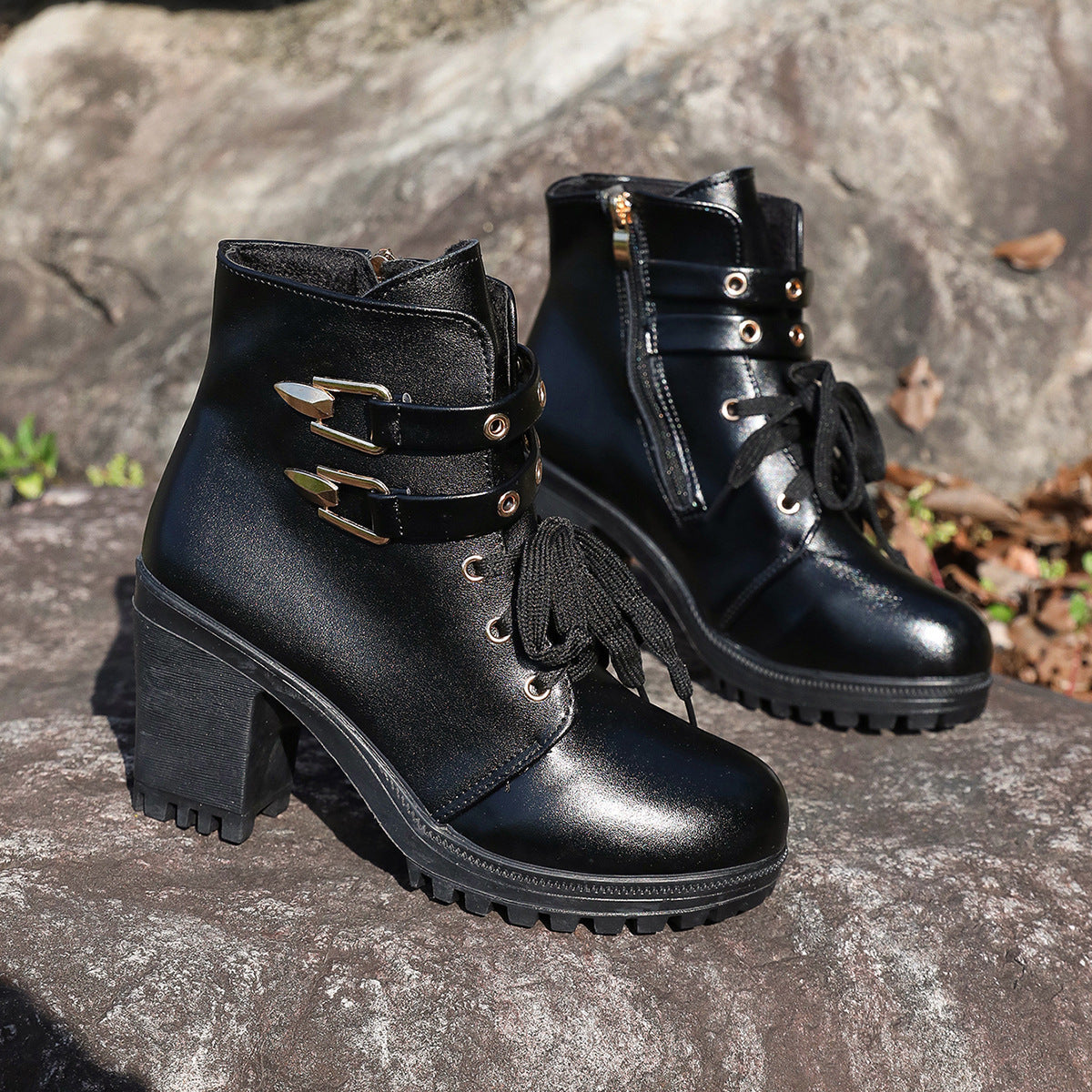 Damen modische Stiefeletten mit Blockabsatz und Schnürung Stalluxe