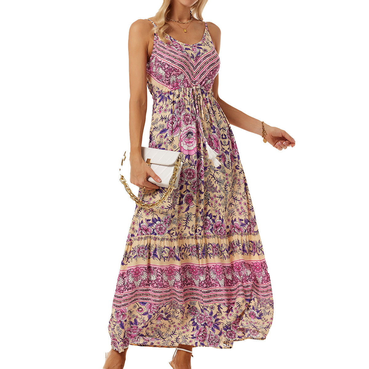 Damen luftiges Maxikleid mit verspieltem floralem Design und Taillenzug Stalluxe