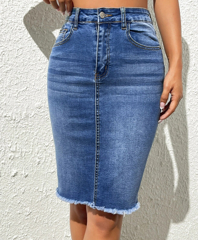 Damen Jeansrock im figurbetonten Schnitt mit fransigem Saum Stalluxe