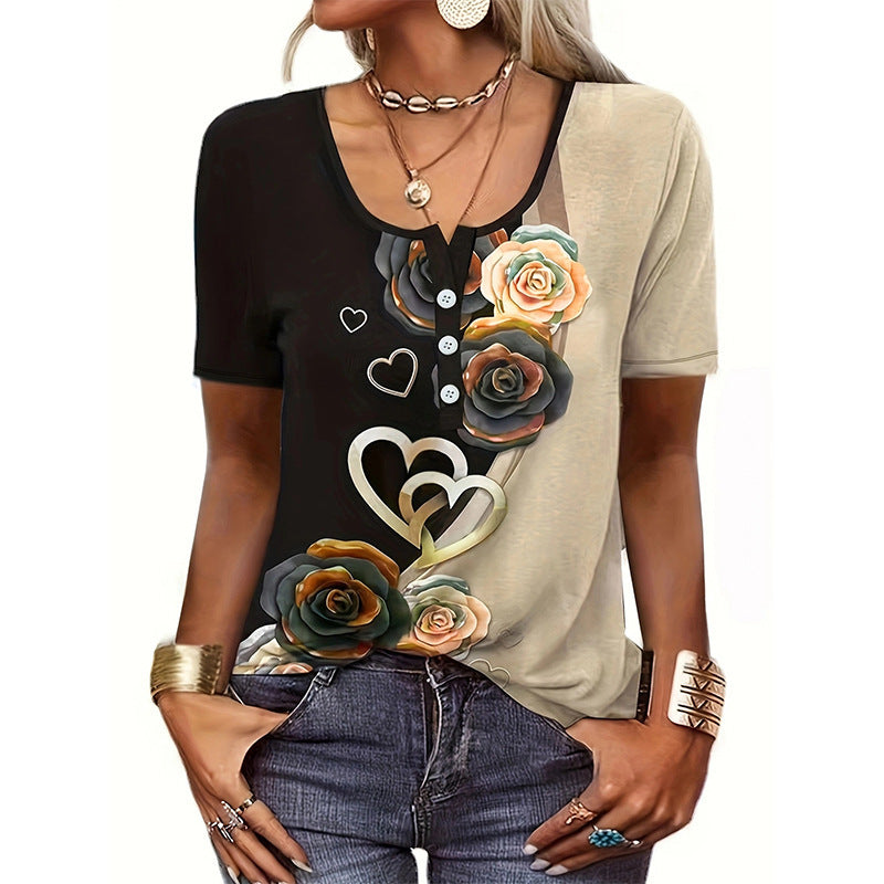 Damen Kurzarmshirt mit floralem Herzdesign und Knopfleiste Stalluxe