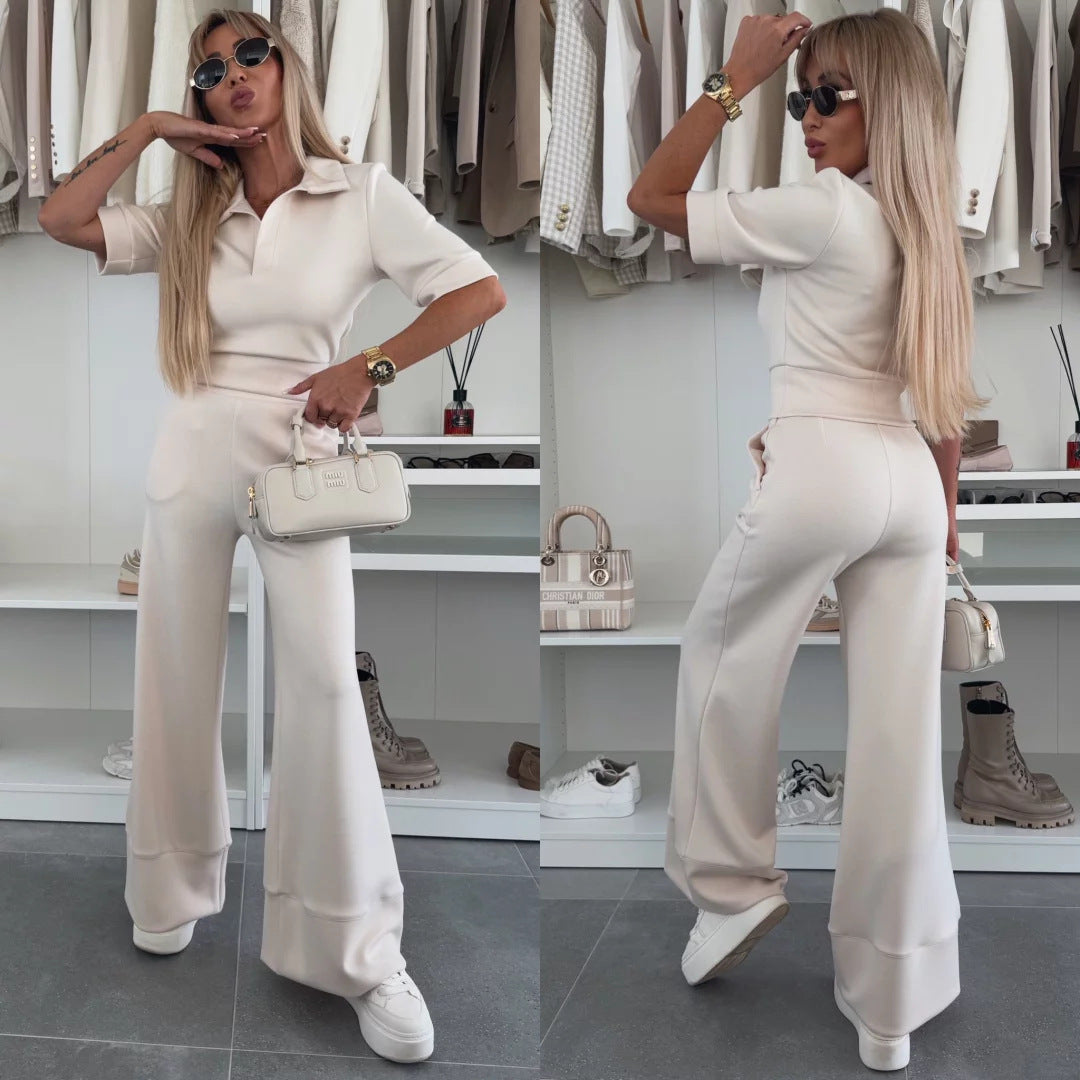 Damen sportliches Lounge-Set mit schicker Polo-Kragen und weitem Bein Stalluxe