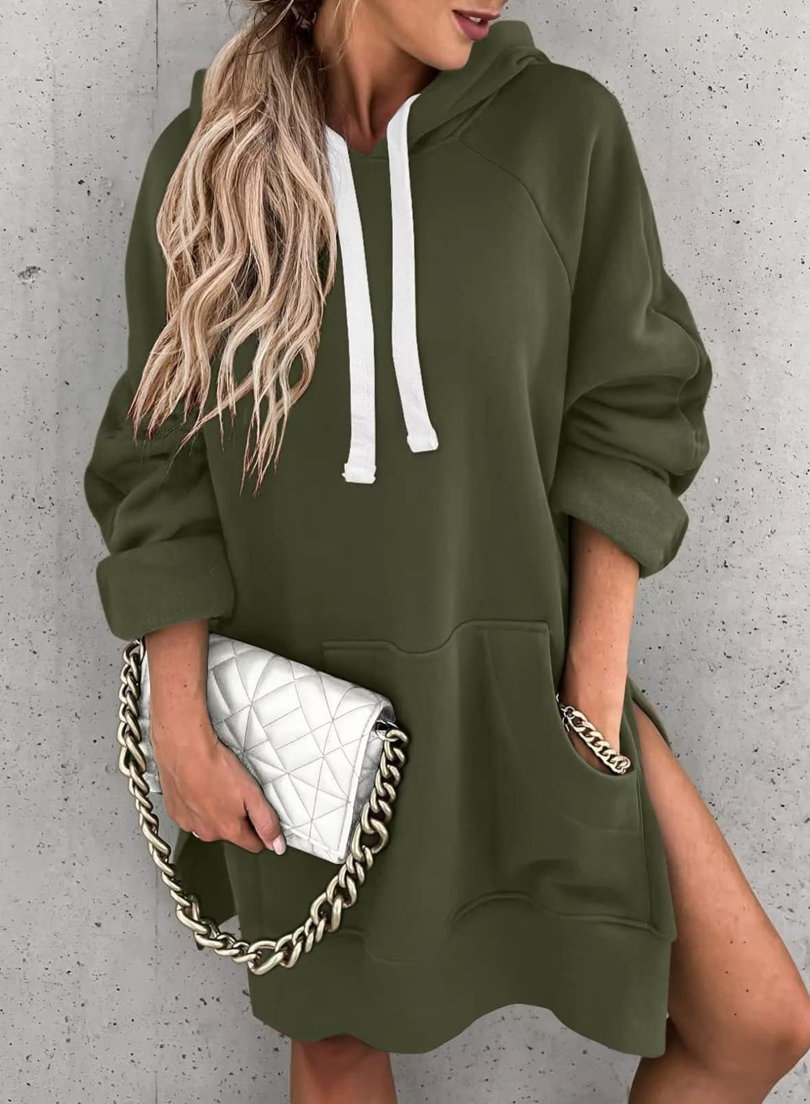 Damen lässiges Kapuzenkleid mit praktischen Eingrifftaschen und seitlichen Schlitzen Stalluxe