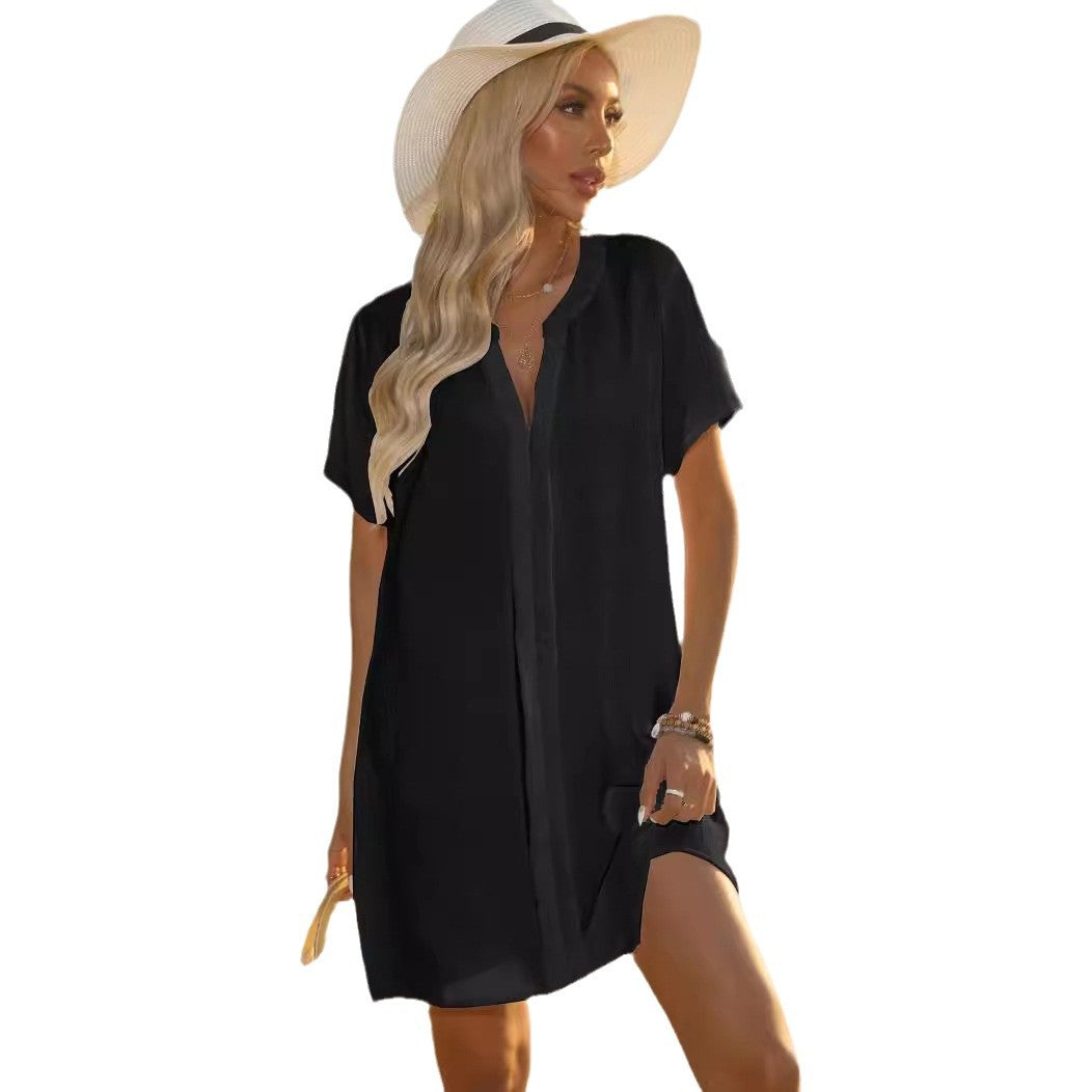 Damen Luftiges Strandkleid mit V-Ausschnitt und praktischen Seitentaschen Stalluxe