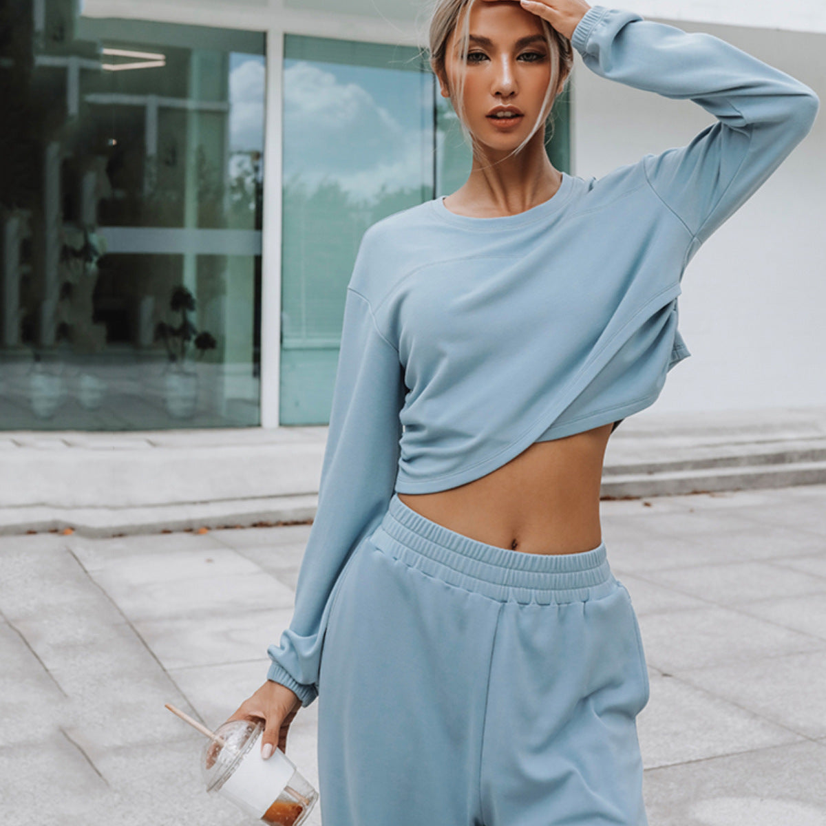 Damen lässiges Cropped Sweat-Set mit elastischem Bund und weitem Bein Stalluxe