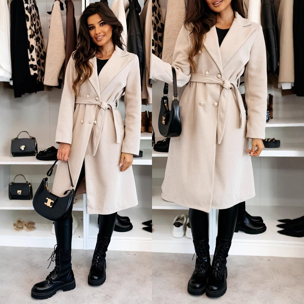 Damen eleganter Knielanger Trenchcoat mit Gürtel und doppelter Knopfleiste Stalluxe