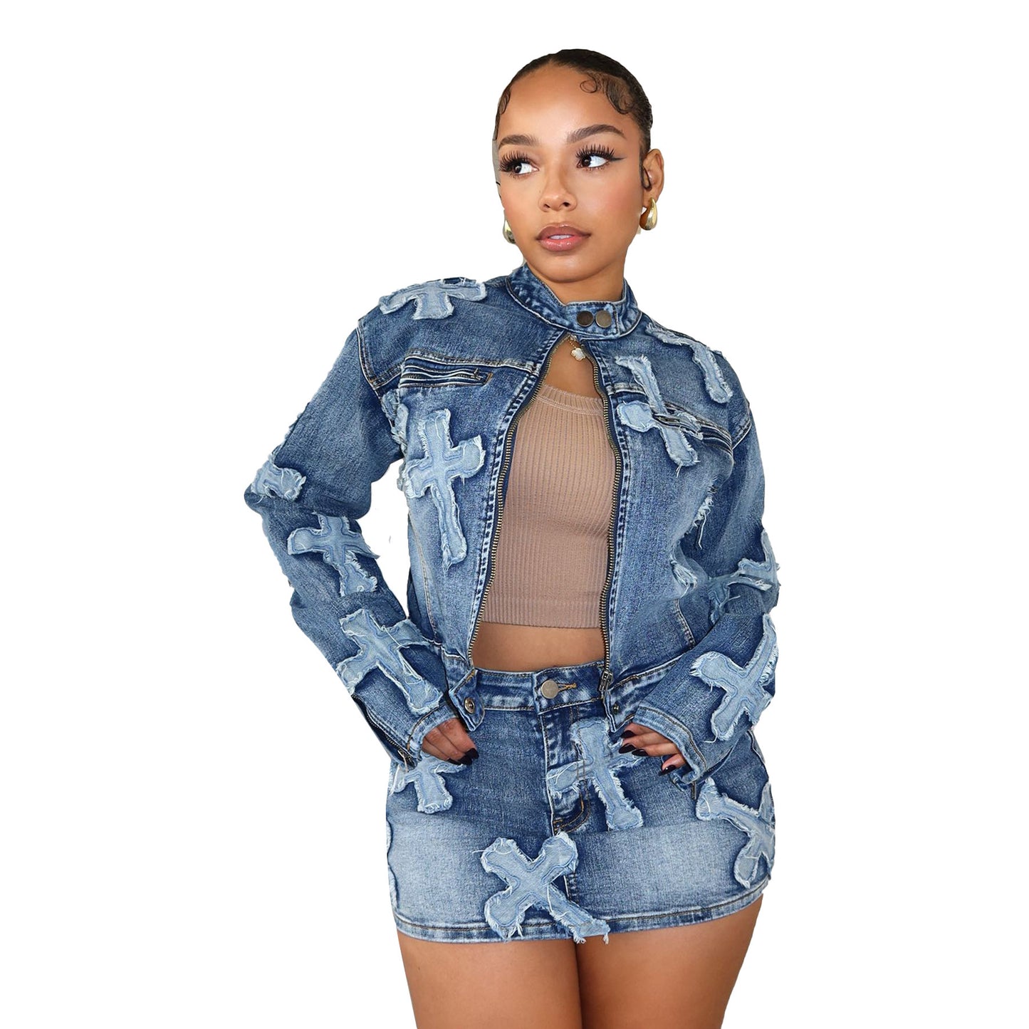 Damen modische Jeansjacke mit einzigartigen Applikationen Stalluxe