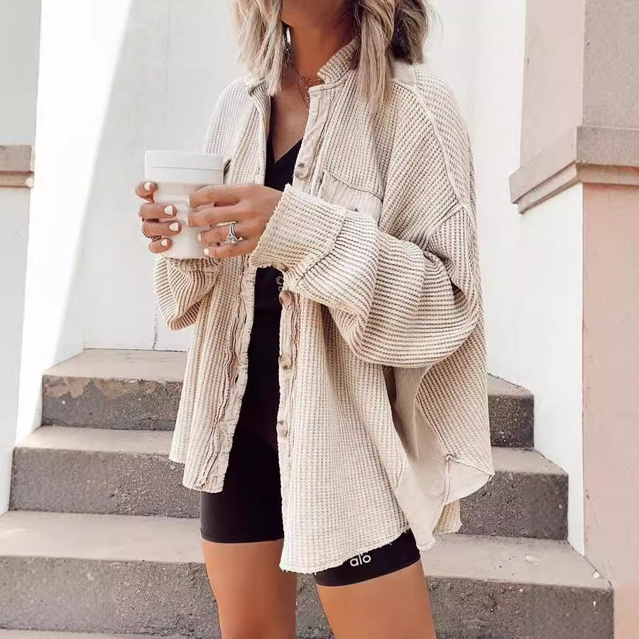 Damen Oversized Waffle-Shirtjacke mit Knopfleiste und praktischen Taschen Stalluxe