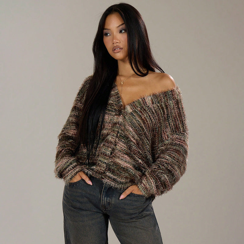 Damen Flauschige Strickjacke mit tiefem V-Ausschnitt und weitem Schnitt Stalluxe