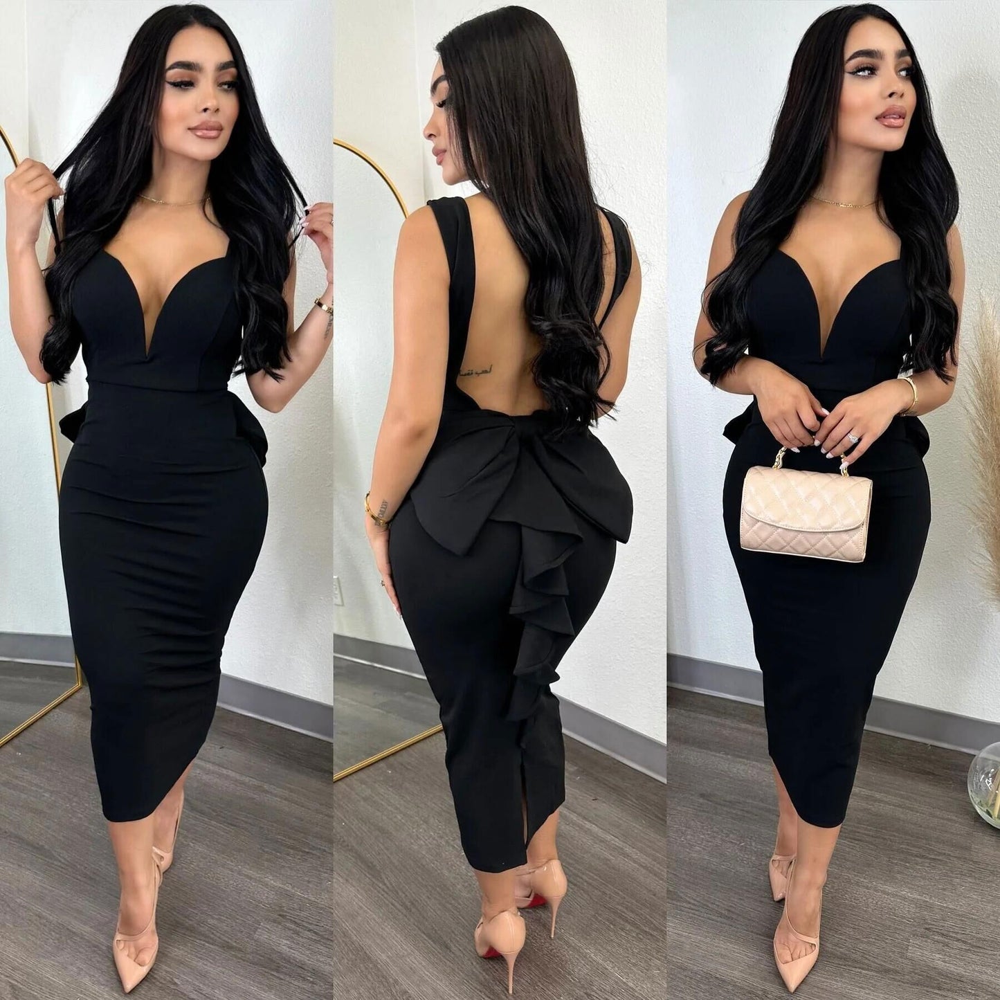 Damen figurbetontes Midikleid mit tiefem V-Ausschnitt und peplum Saum Stalluxe