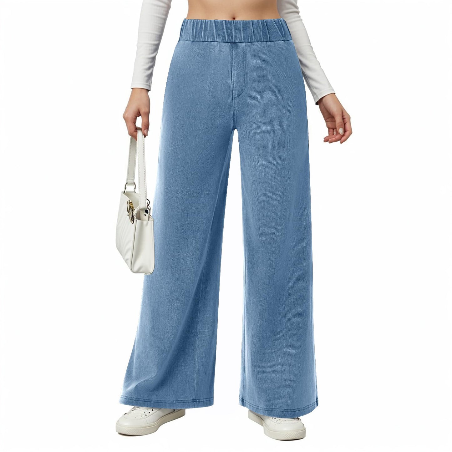 Damen weite Jeanshose mit Elastikbund und seitlichen Taschen Stalluxe